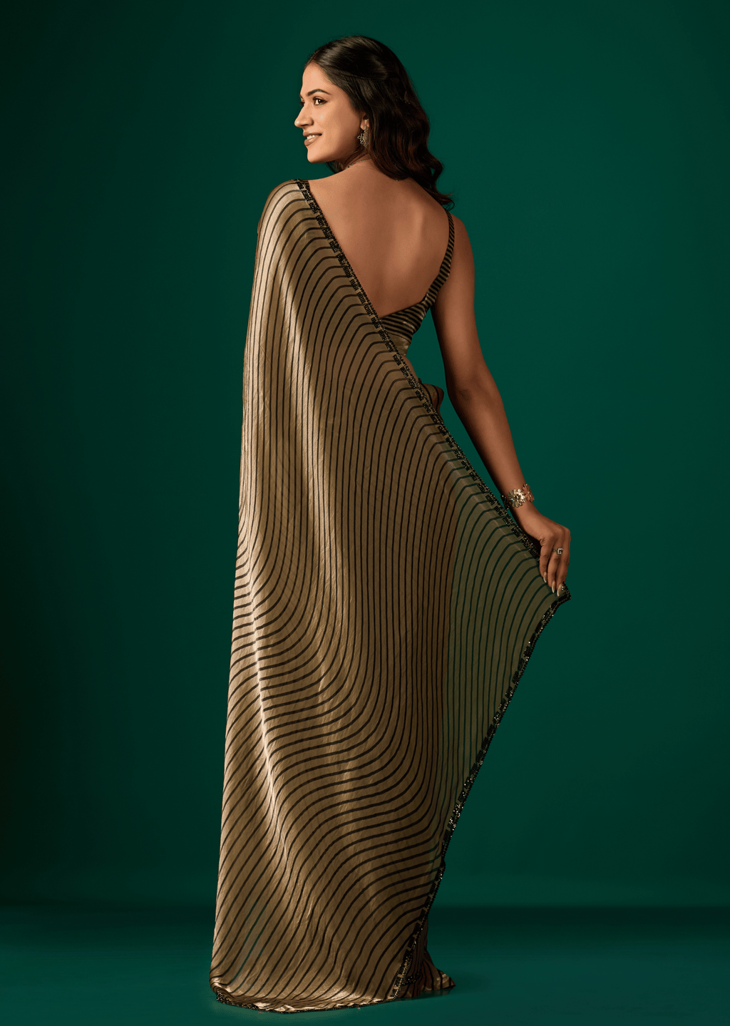 Gold Italian Silk Saree Back Drape Design - Diamond Border Detail