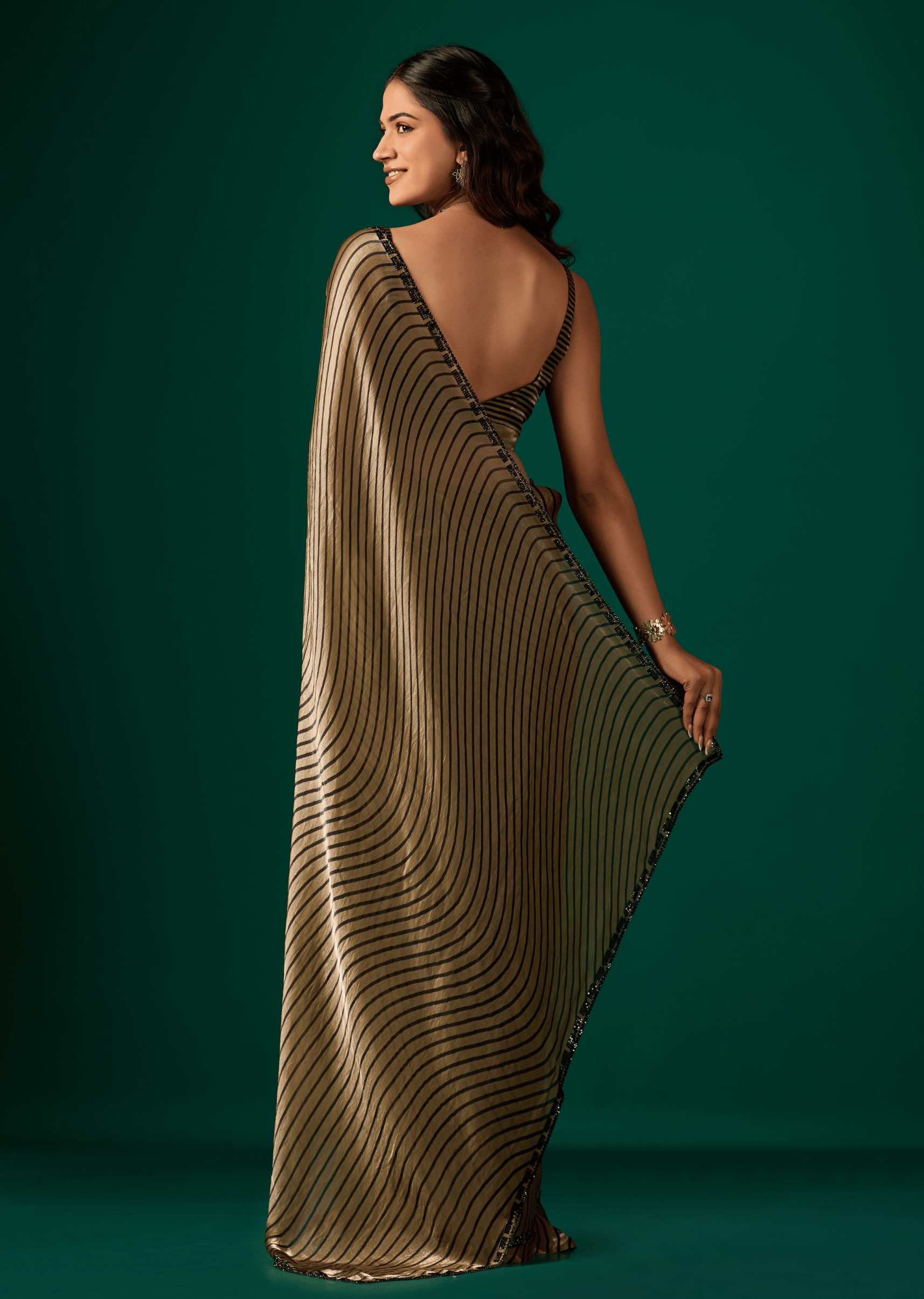 Gold Italian Silk Saree Back Drape Design - Diamond Border Detail