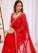 Red Chiffon Saree With Floral Embroidery And Stone Border