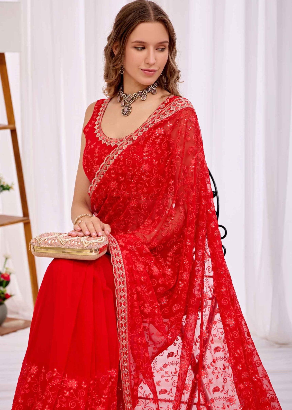 Red Chiffon Saree With Floral Embroidery And Stone Border