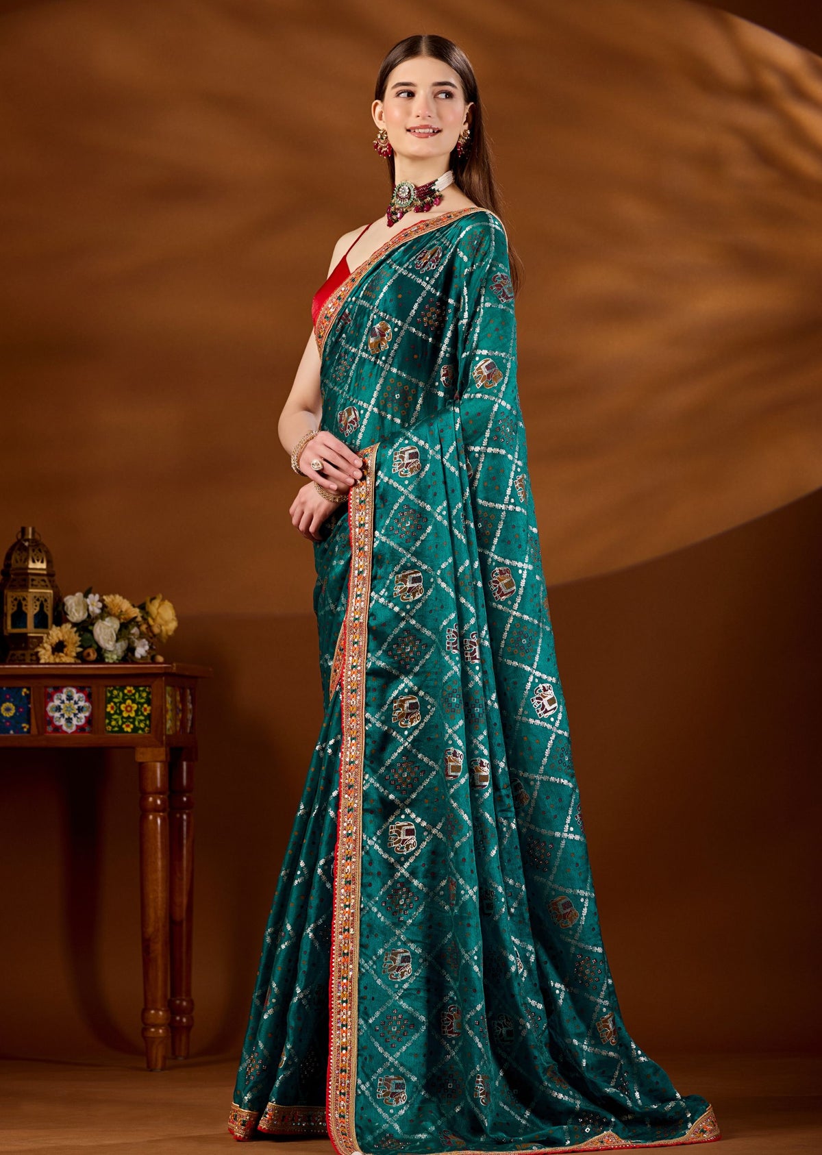 Firozi Art Silk Saree Zardozi Border Close Up - Wedding Saree