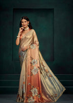 Orange Ombre Floral Printed Satin Silk Saree With Embellished Border