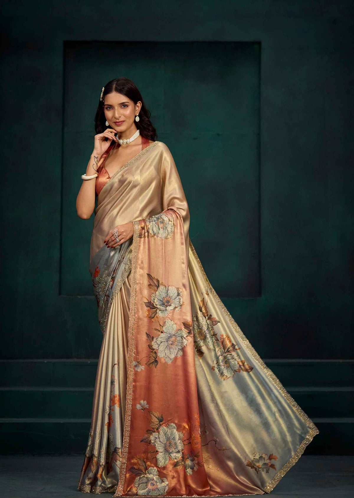 Orange Ombre Floral Printed Satin Silk Saree With Embellished Border