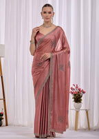 Pink Italian Silk Saree With Diamond Pattern Border And Bead Motifs