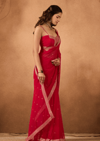 Red Chiffon Saree Sequin Border Close Up - Party Wear Saree
