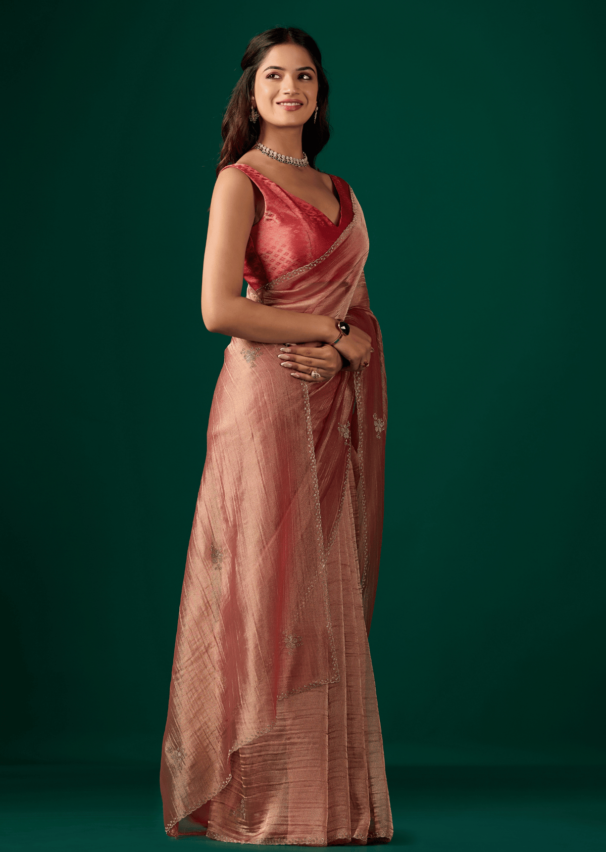 Red Crushed Organza Saree With Diamond Border - Front Look | Buy Online Ethnic9