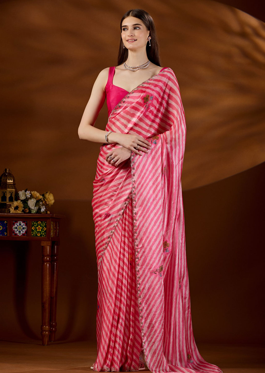 Red Pink Italian Silk Saree With Floral Booti - Front Look | Buy Online Ethnic9