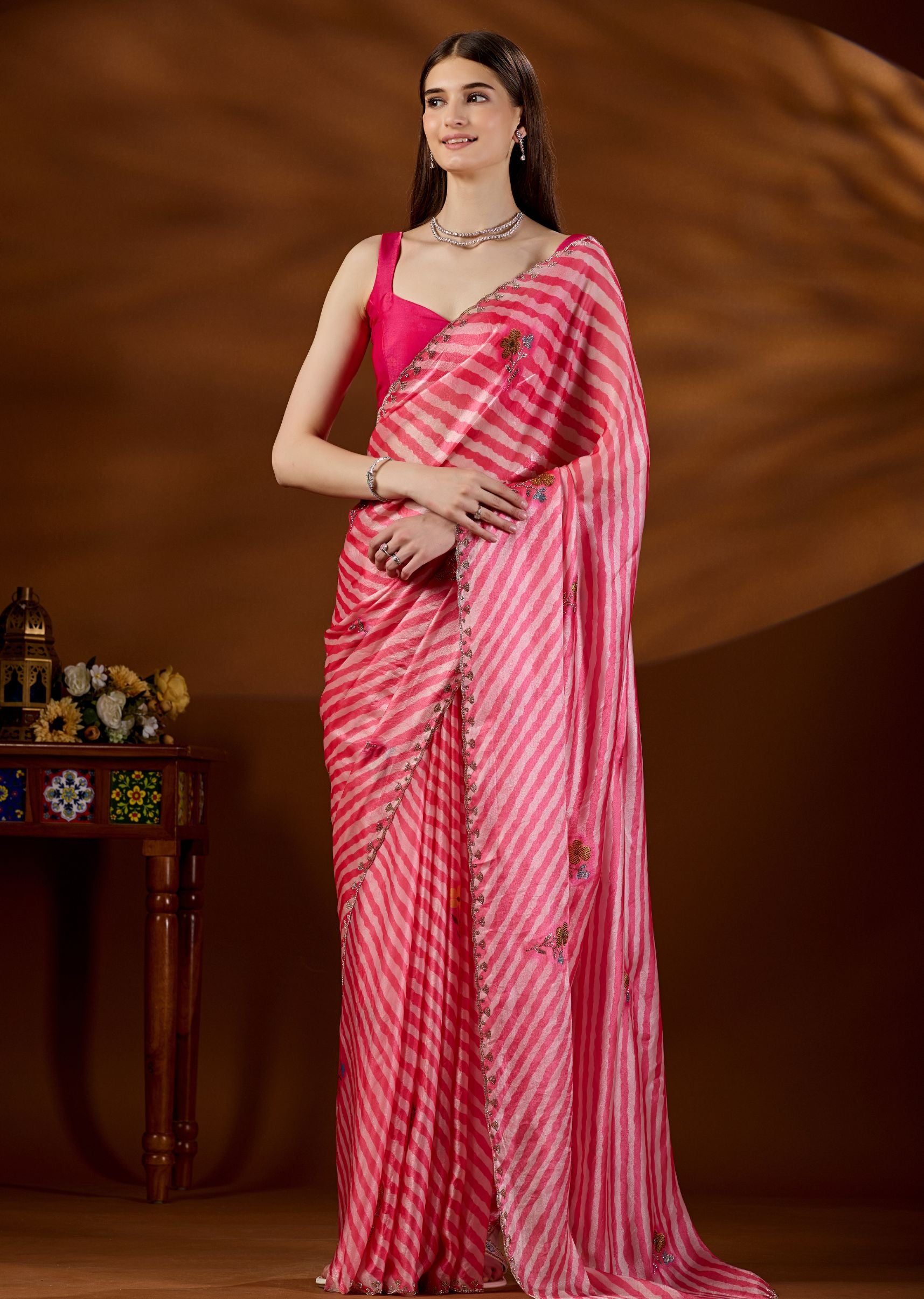 Red Pink Italian Silk Saree With Floral Booti - Front Look | Buy Online Ethnic9