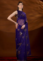 Purple Organza Saree Styled Look - Sequin Floral Embroidery Detail