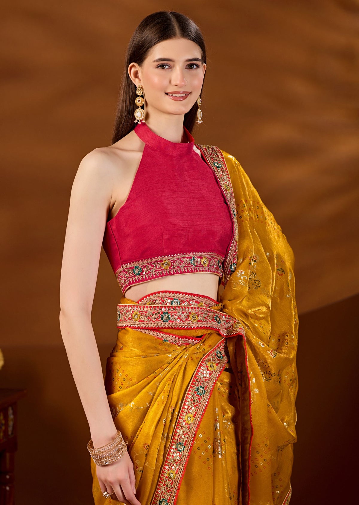 Yellow Art Silk Saree With Matching Blouse - Wedding Wear Look