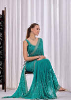 Firozi Chiffon Saree With Floral Embroidery And Stone Border