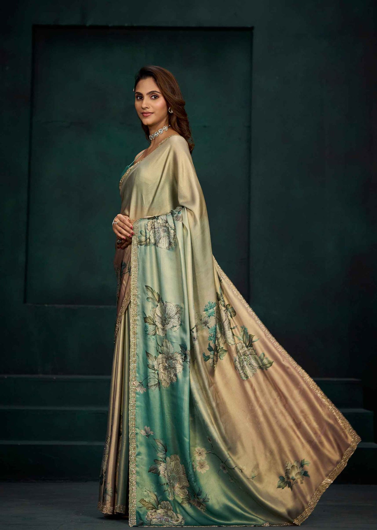 Green Ombre White Floral Printed Satin Silk Saree With Embellished Border