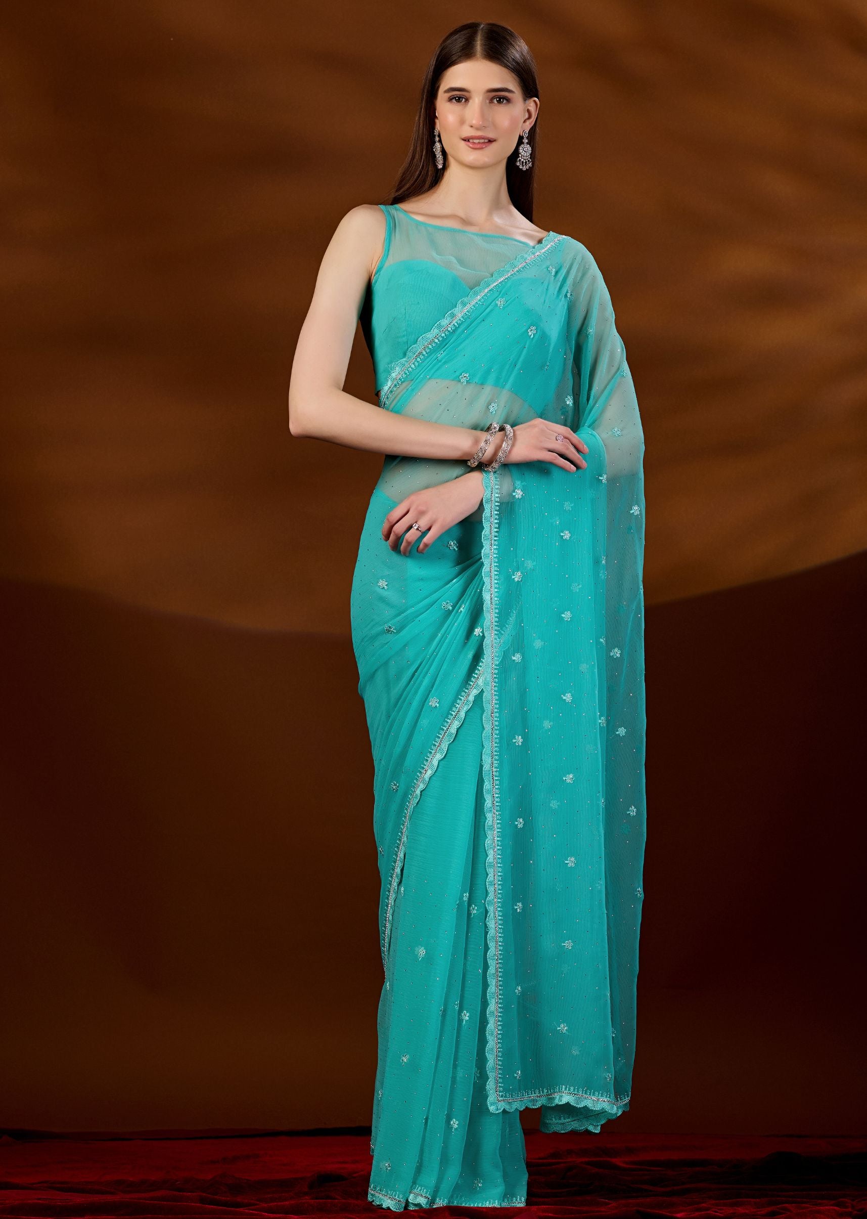 Firozi Chiffon Saree With Scattered Sequin Work - Front Look | Buy Online Ethnic9