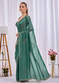 Firozi Italian Silk Saree With Diamond Pattern Border And Bead Motifs