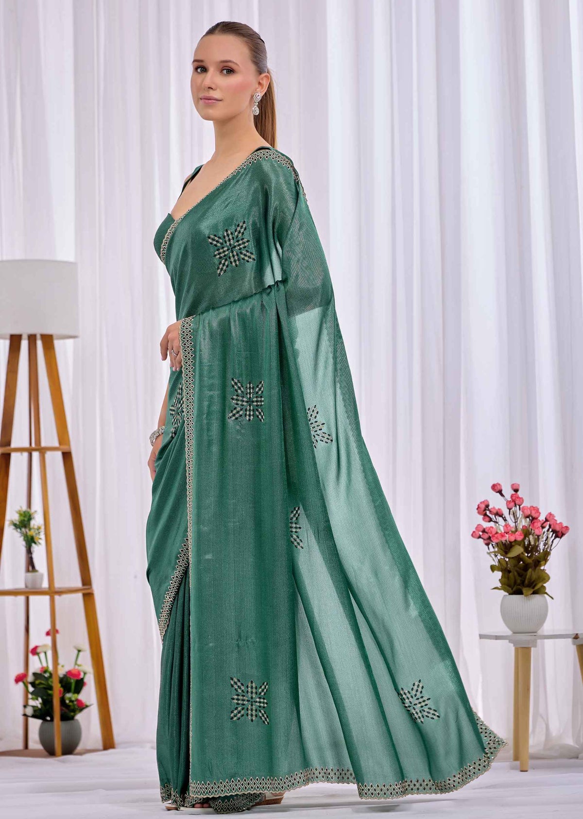 Firozi Italian Silk Saree With Diamond Pattern Border And Bead Motifs