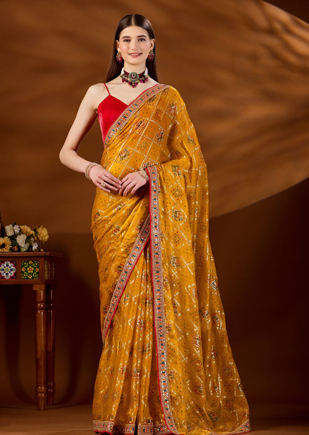 Yellow Art Silk Saree With Zari Elephant Motif - Front Look | Buy Online Ethnic9