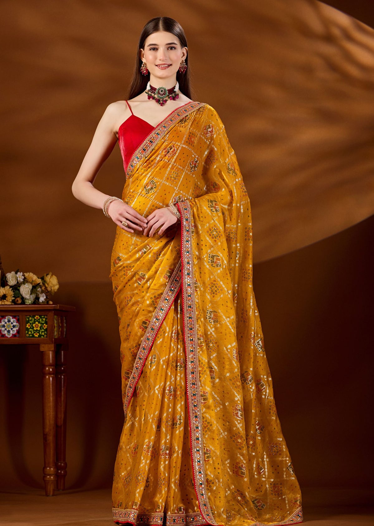 Yellow Art Silk Saree With Zari Elephant Motif - Front Look | Buy Online Ethnic9