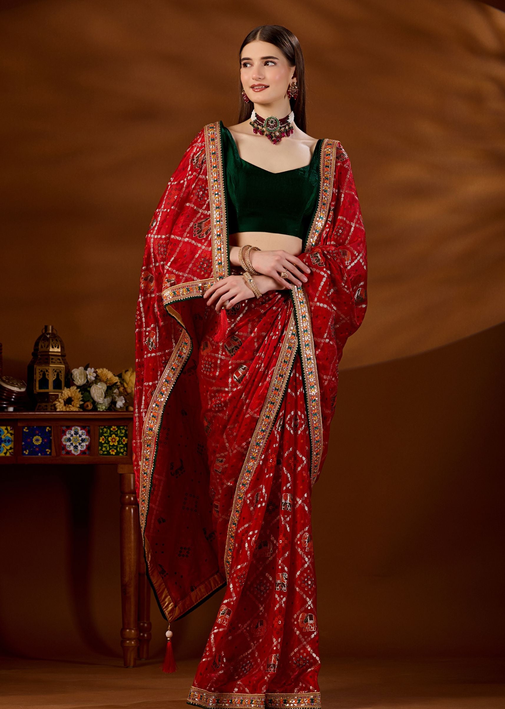Red Art Silk Saree Side View - Festive Wear Saree