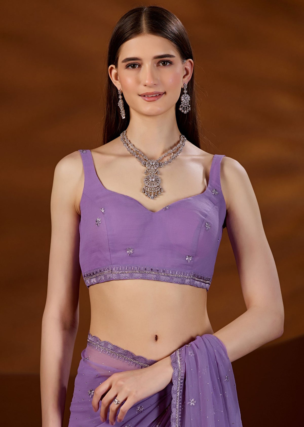 Lavender Purple Chiffon Saree With Matching Blouse - Festive Wear Look