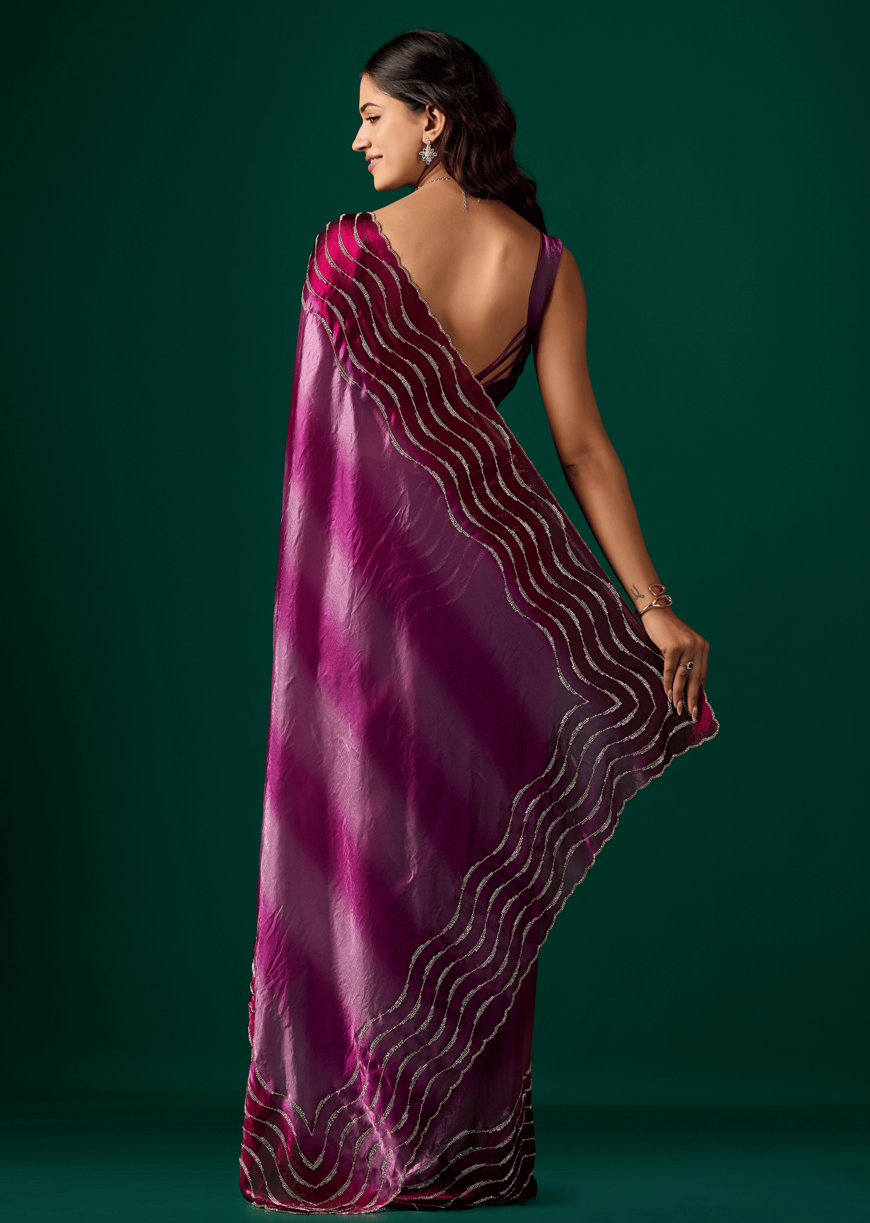 Purple Silk Saree Pallu Draped Look - Wavy Diamond Work Detail