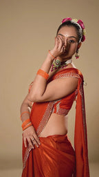 Burnt Orange Tissue Silk Saree With Rhinestone Border