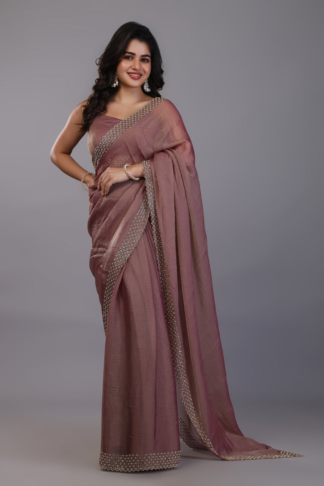 Brown stone work soft tissue saree Hover Image