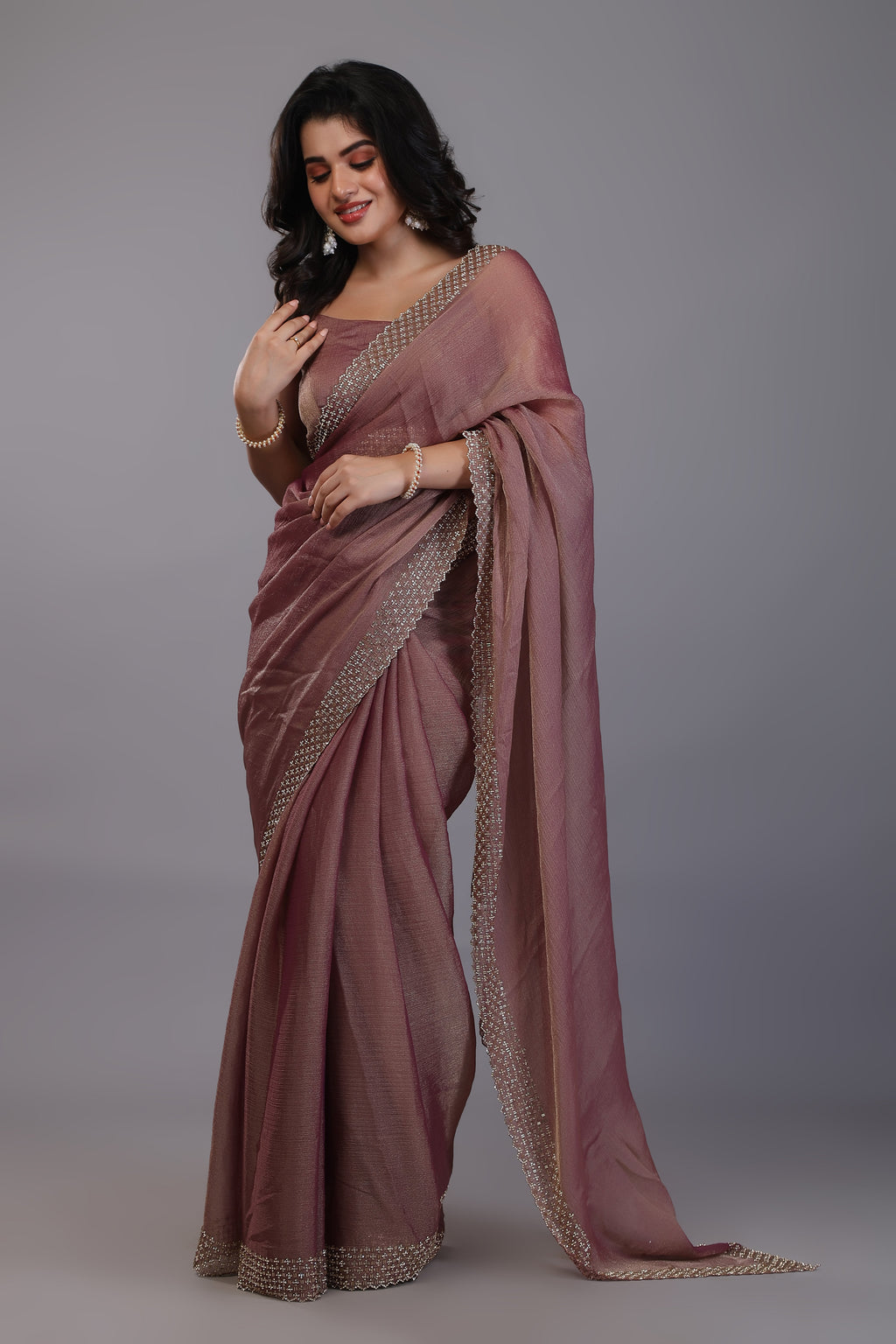 Brown stone work soft tissue saree
