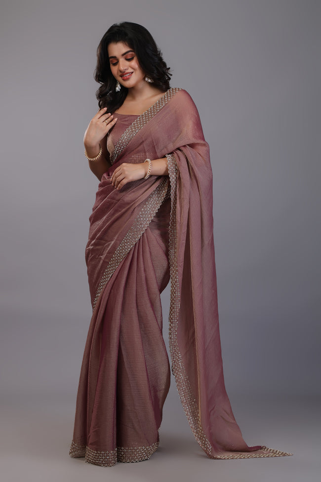 Brown stone work soft tissue saree Main Image