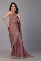 Brown stone work soft tissue saree