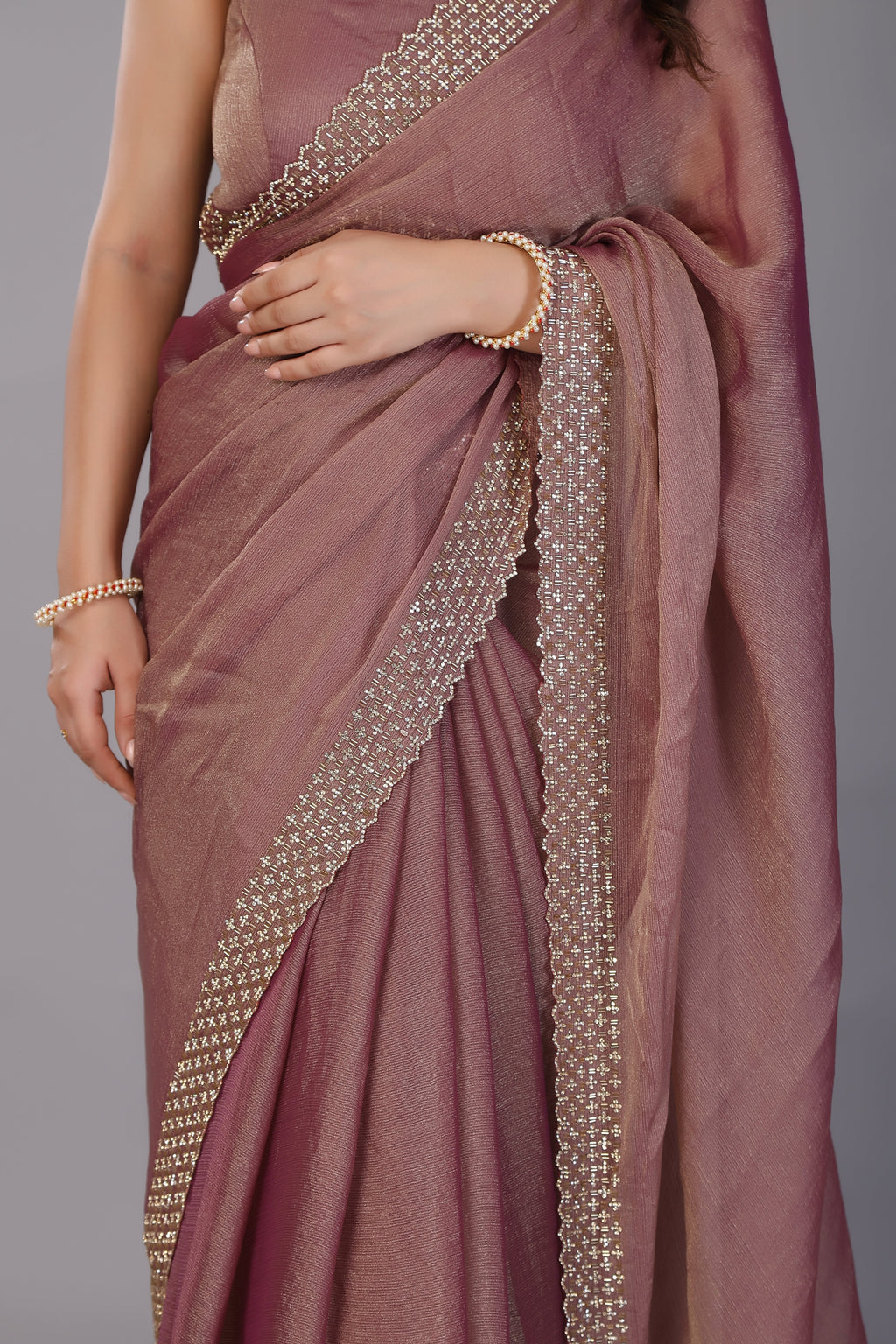 Brown stone work soft tissue saree