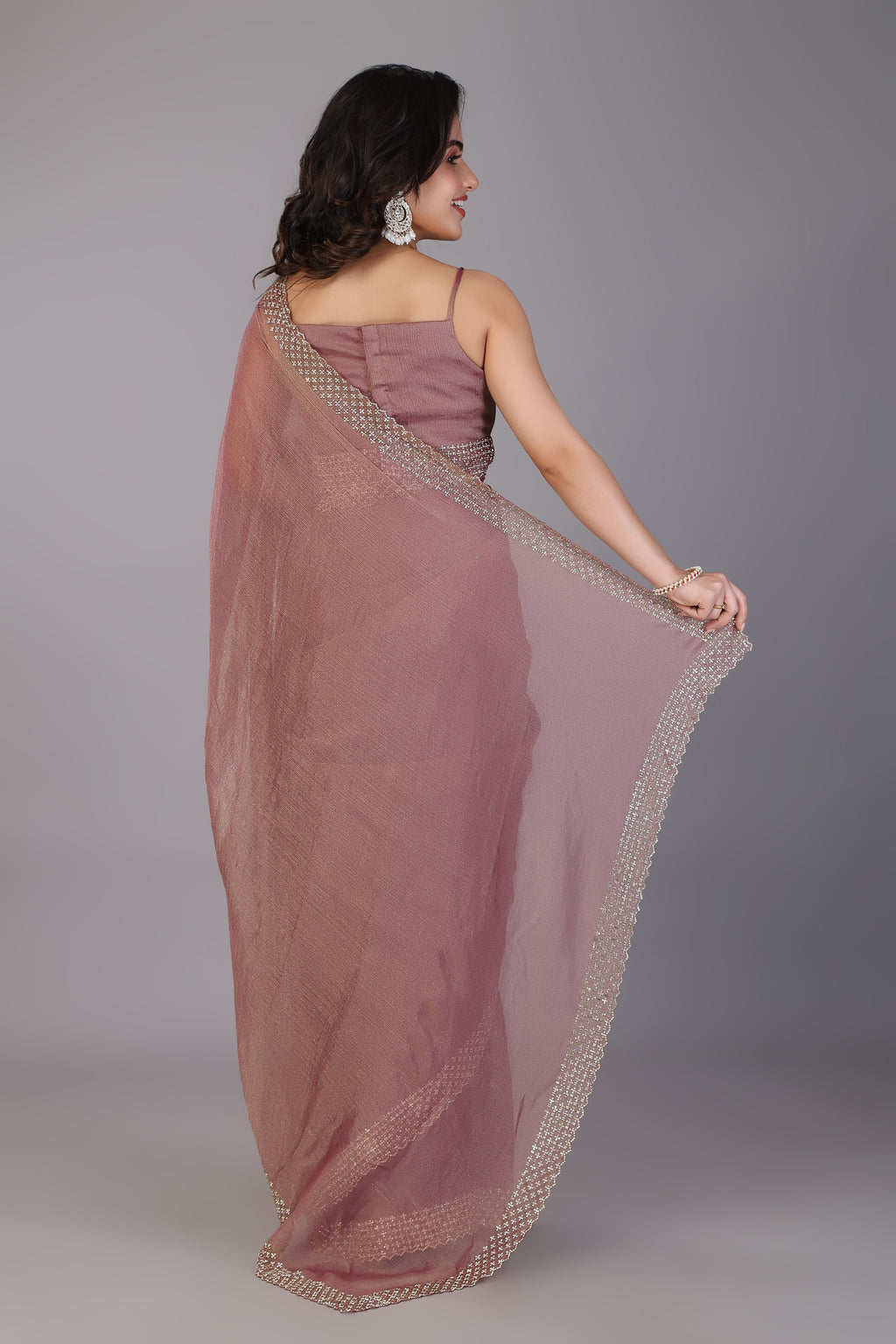 Brown stone work soft tissue saree