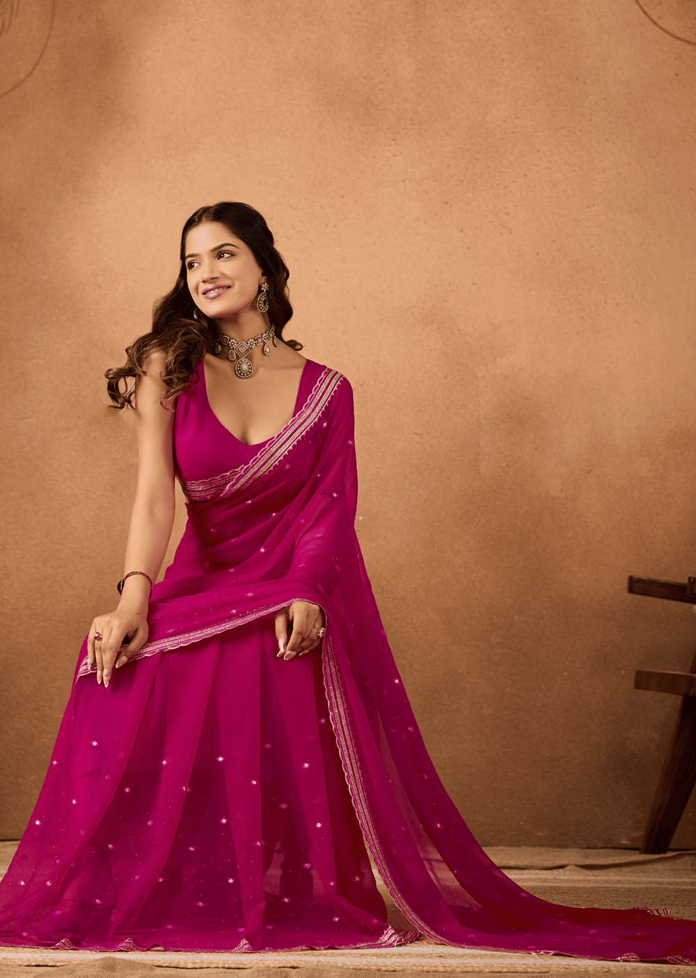 Pink Chiffon Saree Sequin Border Close Up - Party Wear Saree