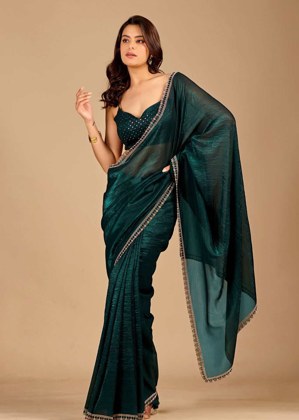 Emerald Green Tissue Saree with Designer Embellished Border & Shimmer Finish