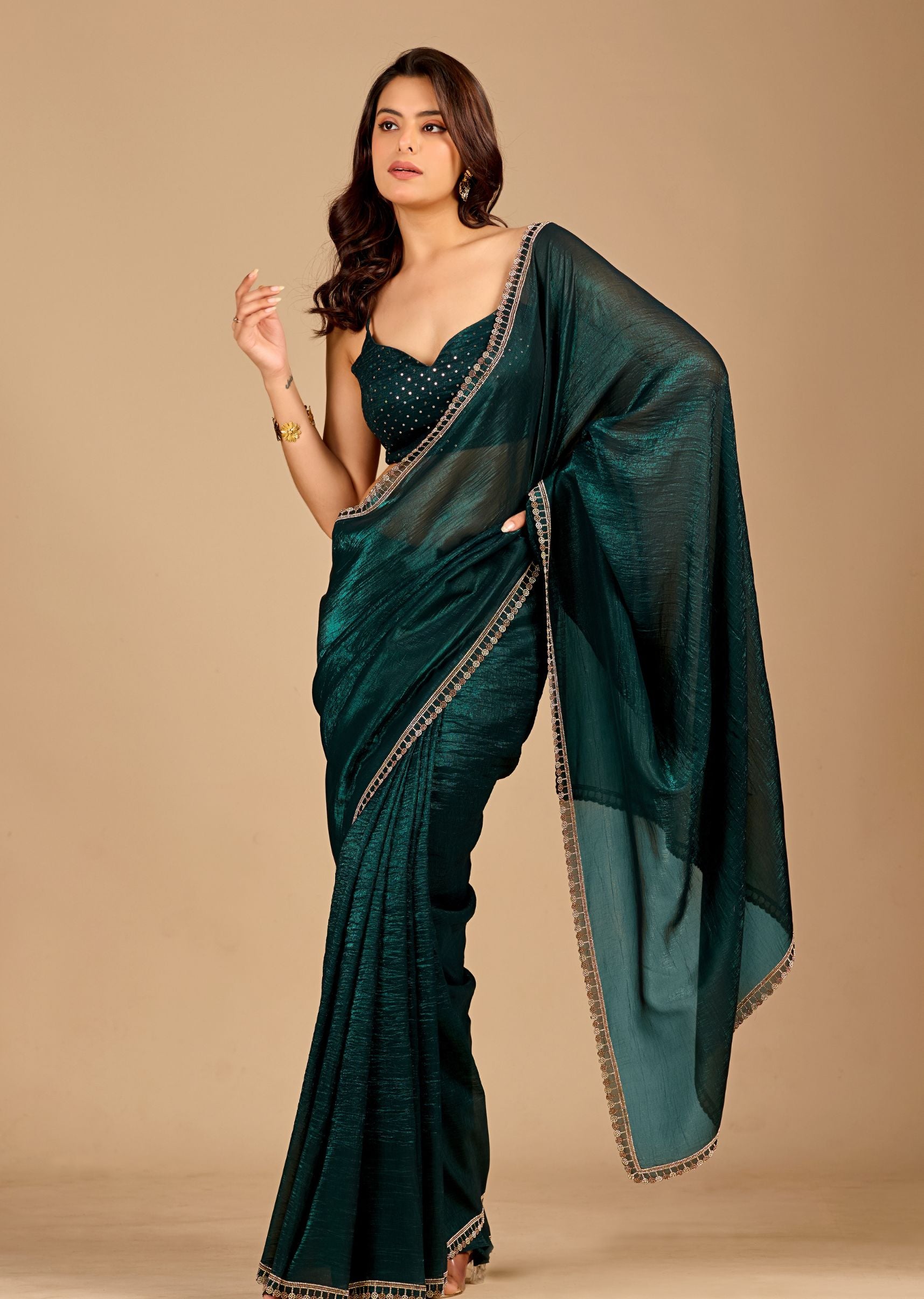 Emerald Green Tissue Saree with Designer Embellished Border & Shimmer Finish