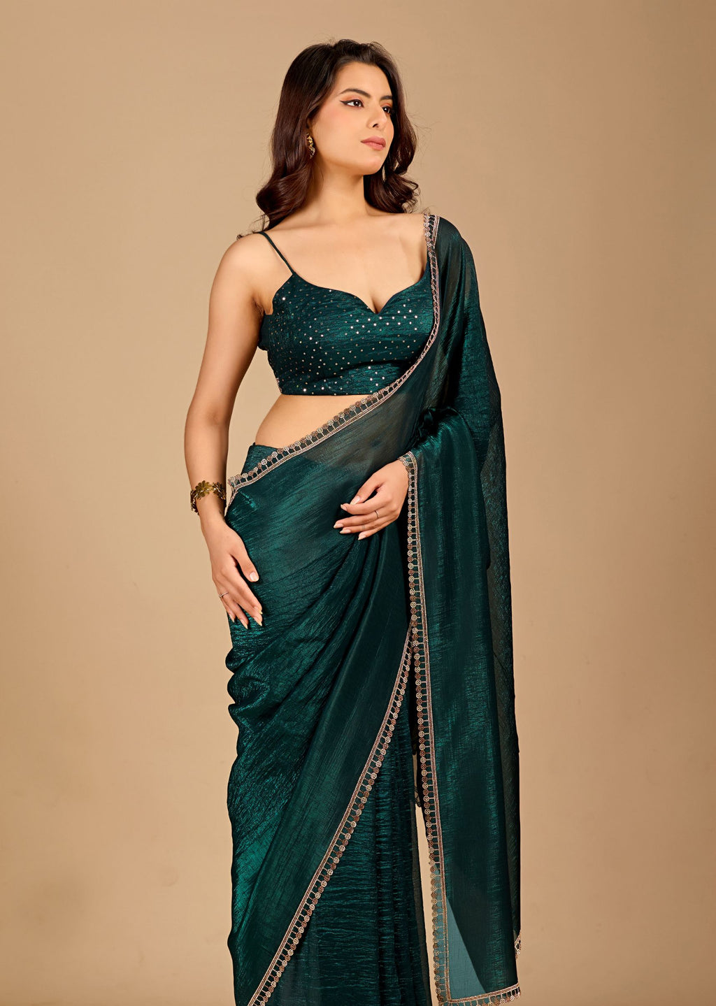 Emerald Green Tissue Saree with Designer Embellished Border & Shimmer Finish