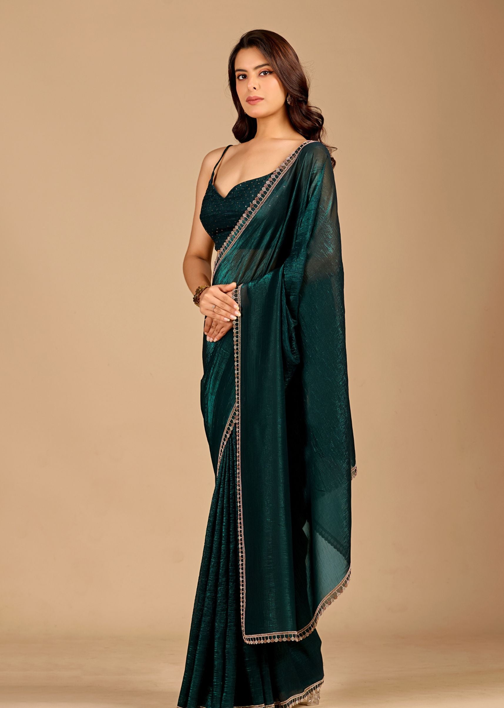 Emerald Green Tissue Saree with Designer Embellished Border & Shimmer Finish
