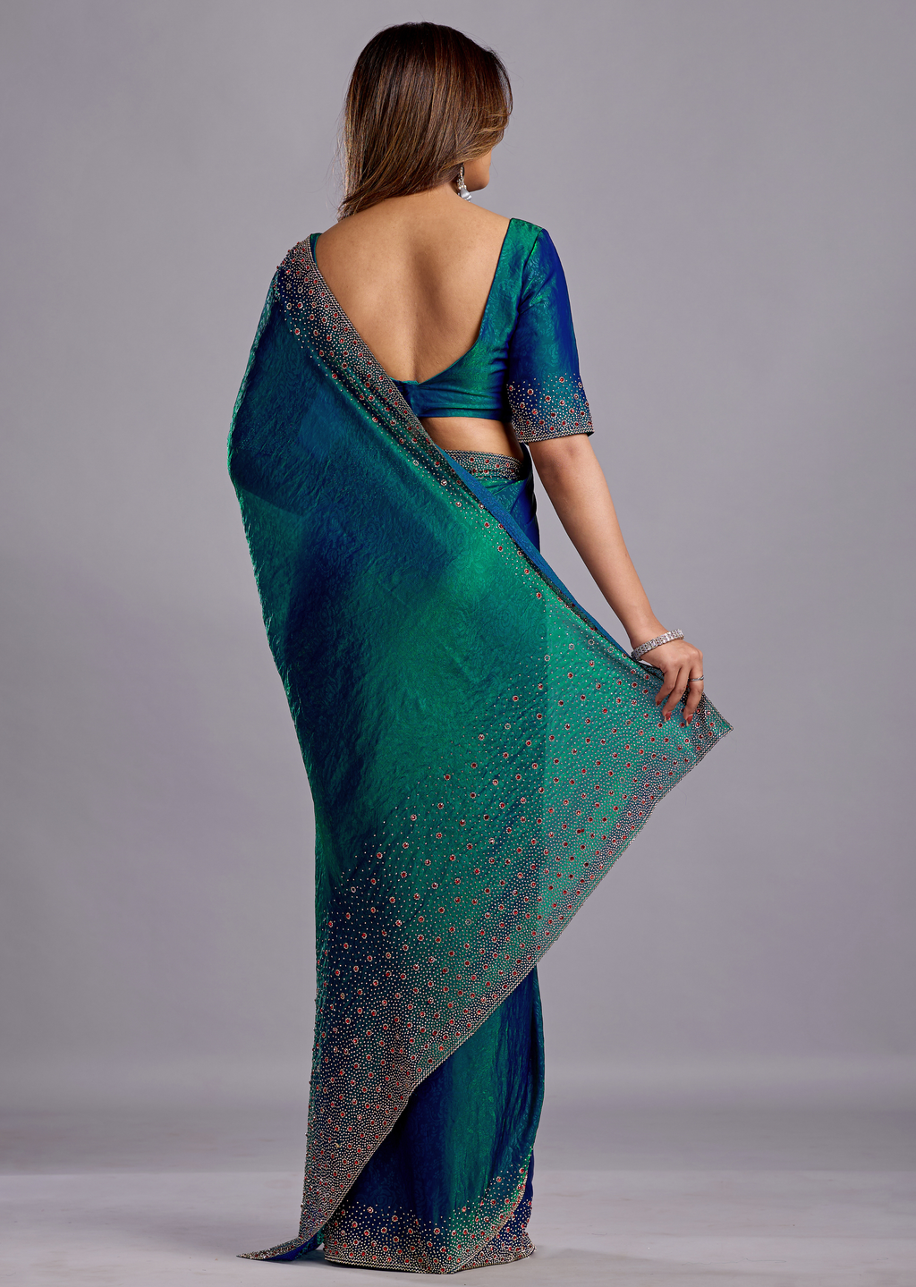 Green Tissue Silk Saree With Crystal Stone Work