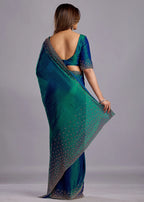 Green Tissue Silk Saree Back Pose - Crystal Stone Work Detail