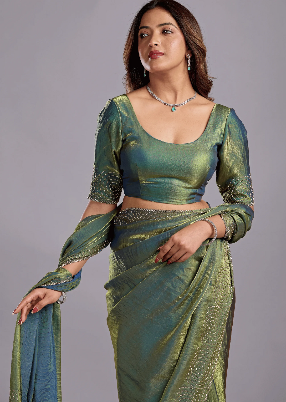 Olive Green Tissue Silk Saree With Crystal Spiral Work