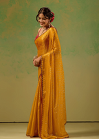 Mustard Yellow Tissue Silk Saree With Foil Butti Work - Photo 3 | Buy Online Ethnic9