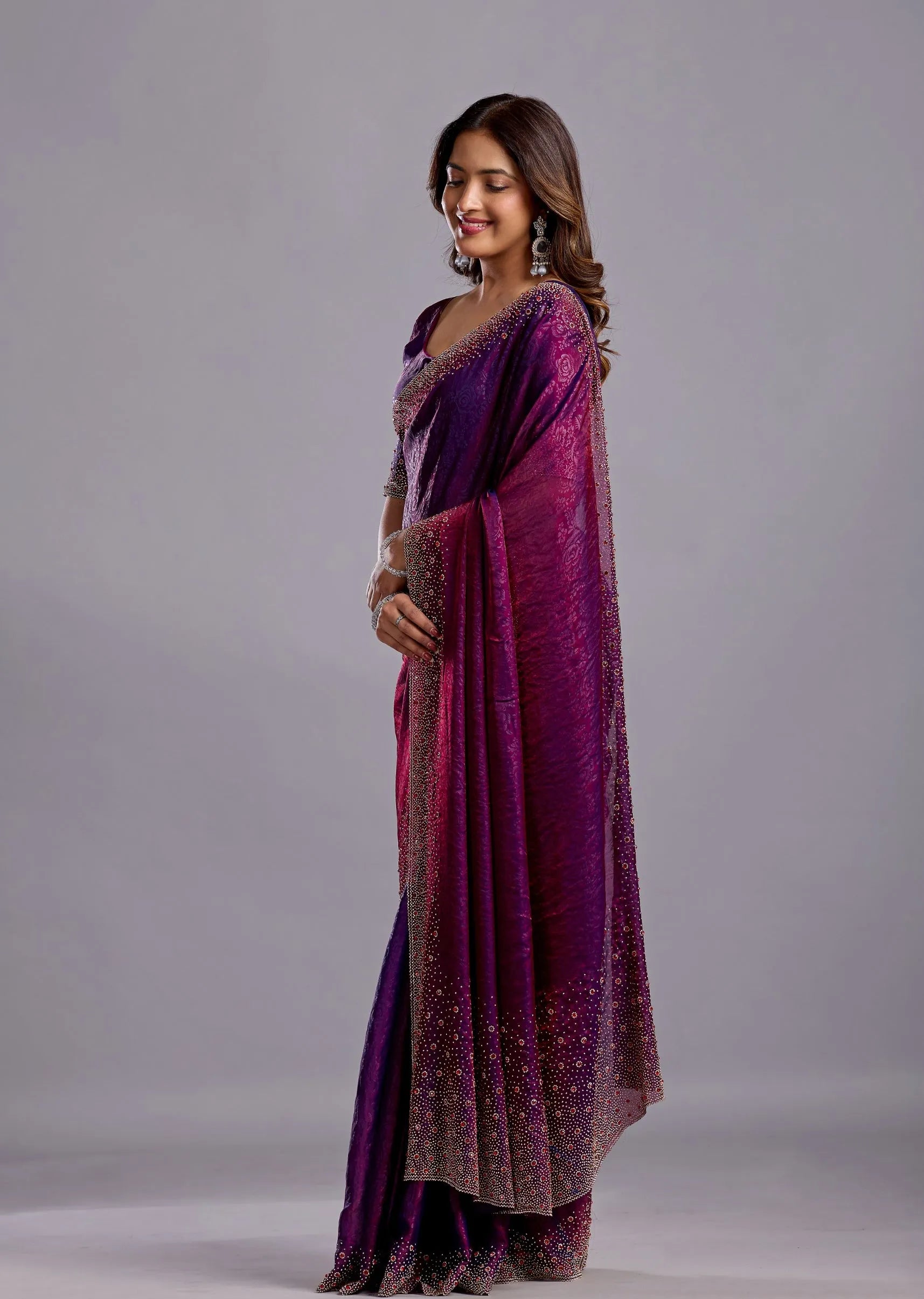 Purple Tissue Silk Saree Draped Look - Crystal Stone Work Design