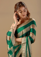 Emerald Green Tissue Silk Saree With Metallic Stripe Weave