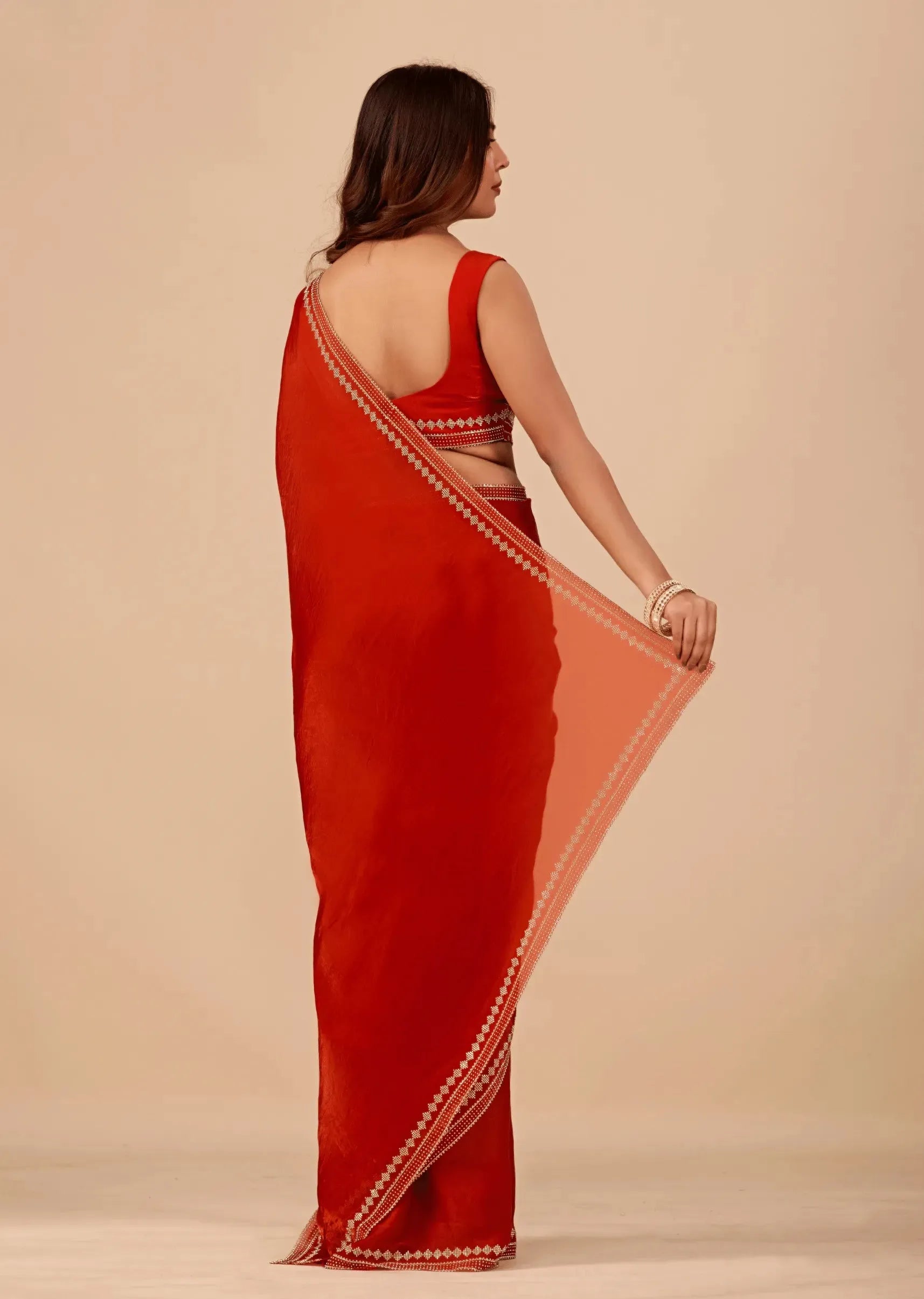 Crimson Red Tissue Silk Saree With Diamond Border Work