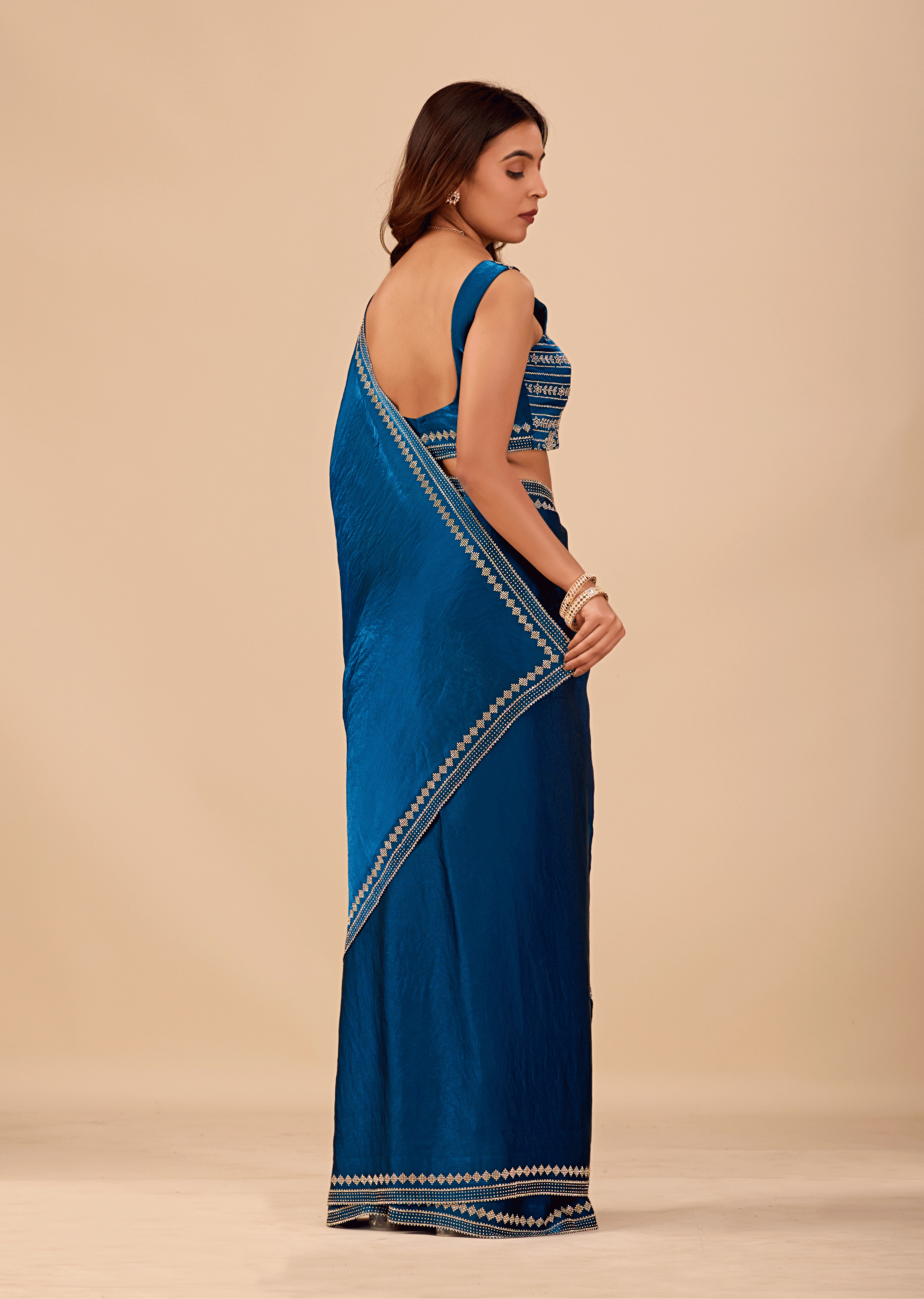 Ocean Blue Tissue Silk Saree With Crystal Border Work