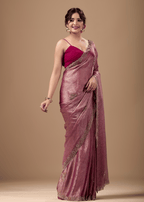Rose Pink Jacquard Saree With Handcrafted Stone Border