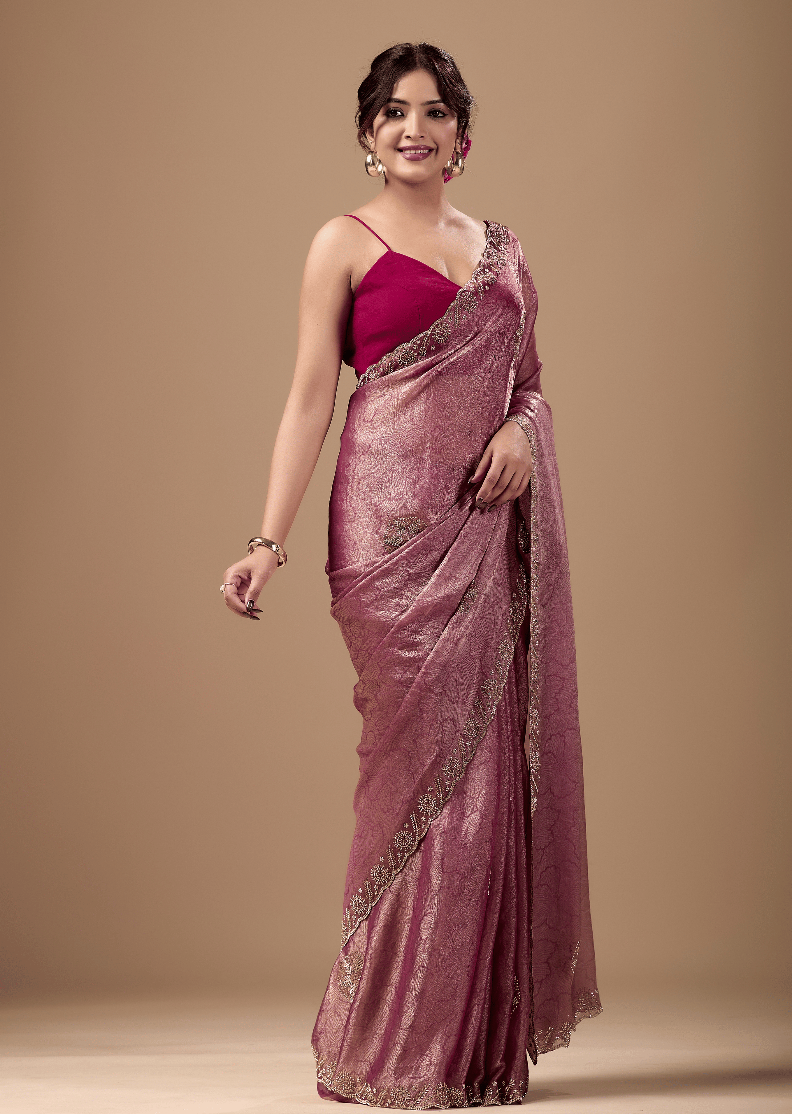 Rose Pink Jacquard Saree With Handcrafted Stone Border