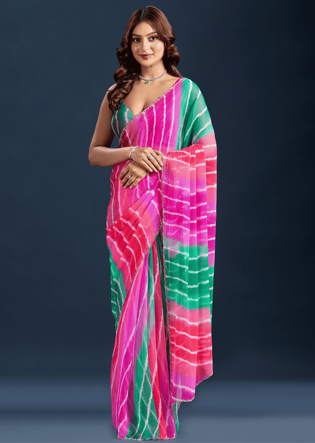 Rani Pink Chiffon Saree With Leheriya Print
