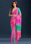 Rani Pink Chiffon Saree With Leheriya Print