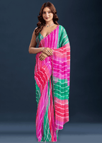 Rani Pink Chiffon Saree With Leheriya Print