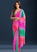 Rani Pink Chiffon Saree With Leheriya Print - Front Look | Buy On Ethnic9